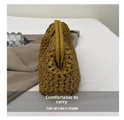 Bolso de playa de lujo de paja tejida para mujer - Bolso de mano de ratán de moda, Bolso de mano de verano para viajes, vacaciones, compras y salidas casuales, Bolso tejido a mano inspirado en el diseñador