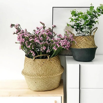Panier en osier tressé en algues marines, pot de fleurs suspendu en rotin – Panier de rangement tressé naturel pour la lessive, les plantes, l'organisation de la maison et la décoration suspendue WF1015