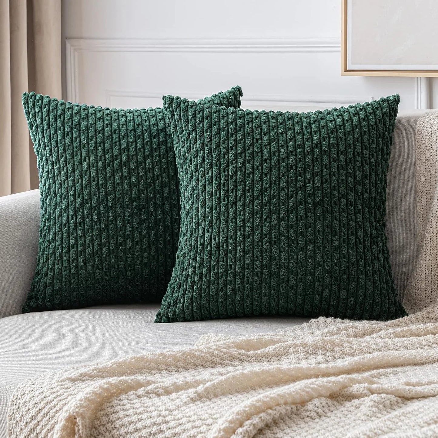 Funda de almohada a rayas verdes de pana - Funda de cojín decorativa rústica bohemia de 20x20 pulgadas para sofá y sala de estar