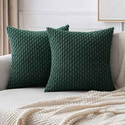 Funda de almohada a rayas verdes de pana - Funda de cojín decorativa rústica bohemia de 20x20 pulgadas para sofá y sala de estar
