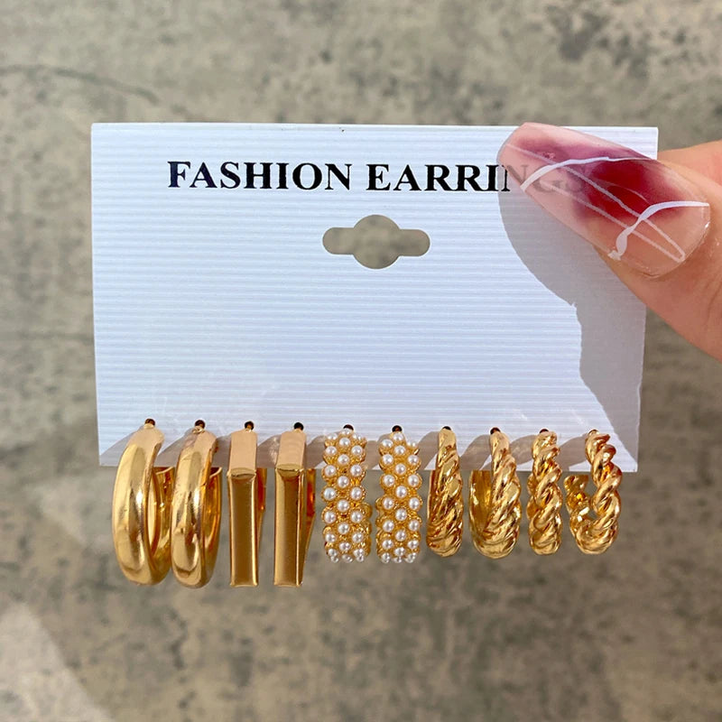 Boucles d'oreilles créoles dorées grand cercle pour femmes, ensemble bohème vintage, perle, cœur, zircon, clous, bijoux cadeau