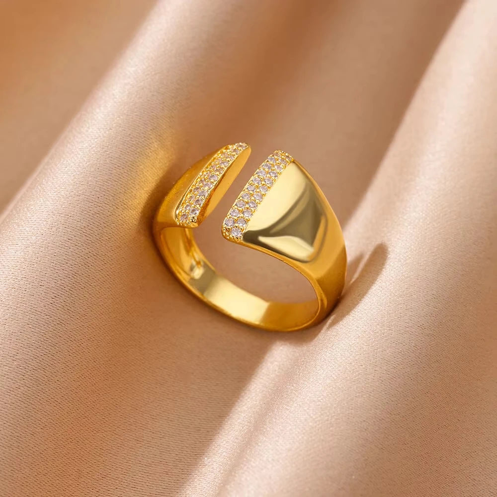 Anillo de circonita de acero inoxidable ajustable con diseño de ojo turco – Anillo de boda geométrico de color dorado para mujer | Regalo de joyería de lujo de moda