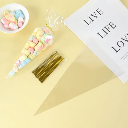 50 bolsas de celofán transparentes con forma de cono – Bolsas de plástico transparentes para palomitas, dulces, baby shower, regalos de boda y empaques de regalo