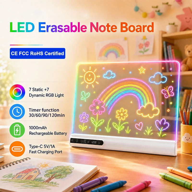 Rechargeable LED Drawing Board for Kids – Neon Glow Doodle Pad with Clock & Auto-Off Timer, Creative Birthday and Christmas Gift