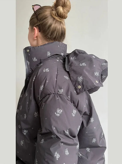 Women’s Winter Printed Coat & Pants 2-Piece Set – Warm Stand Neck Hooded Cotton Jacket with High-Waisted Pants, Chic Casual Outfit