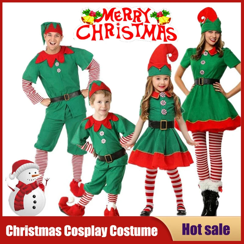 Christmas Santa Claus and Green Elf Costumes for Adults and Kids, Family Matching Cosplay Outfits for Xmas Parties, Carnival, New Year Performances and Holiday Gifts
