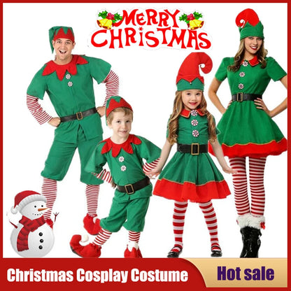 Christmas Santa Claus and Green Elf Costumes for Adults and Kids, Family Matching Cosplay Outfits for Xmas Parties, Carnival, New Year Performances and Holiday Gifts