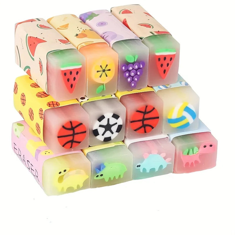 Juego de 12 gomas de borrar de animales bonitos – Borradores de lápiz de dinosaurios, frutas y personajes divertidos para estudiantes, material escolar, accesorios de escritorio, regalos de fiesta y premios