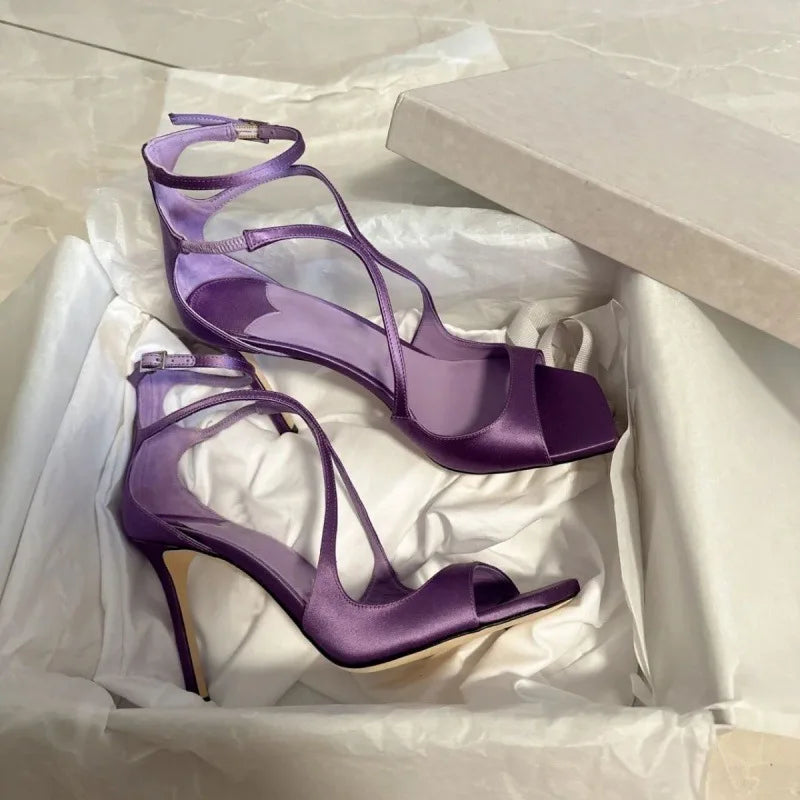 Sandalias de gladiador de charol para mujer – Zapatos de tacón alto de aguja con puntera abierta y correa al tobillo, sexys, para fiesta de verano
