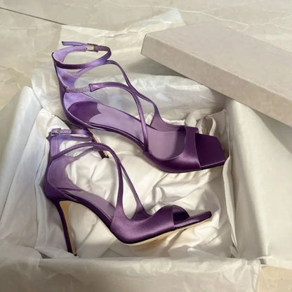 Sandalias de gladiador de charol para mujer – Zapatos de tacón alto de aguja con puntera abierta y correa al tobillo, sexys, para fiesta de verano
