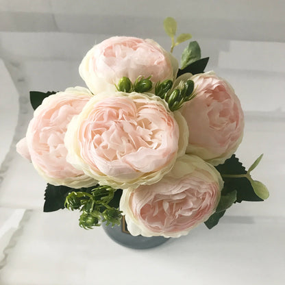 Bouquet de pivoines artificielles roses 30 cm – Fleurs en soie synthétiques avec 5 grandes fleurs et 4 bourgeons pour décoration de mariage, décoration intérieure, arrangements floraux et projets DIY