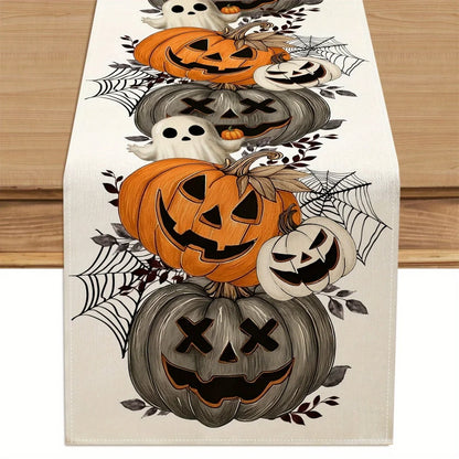 1PC Halloween Table Runner, Jack-o'-Lantern Pumpkin and Spider Web Print, Farmhouse Dining Table Decor, Spooky Kitchen Decoration, Halloween Party Tablecloth Accent
