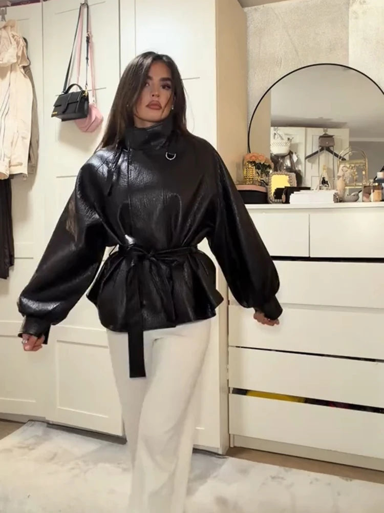 Women’s PU Leather Jacket – High Neck Long-Sleeve Coat with Single-Breasted Closure & Belted Loose Fit, Chic Autumn Outerwear