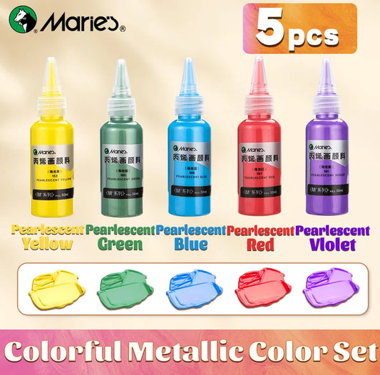 Juego de pintura acrílica metálica Marie’s – 5 colores iridiscentes brillantes para manualidades y pintura de rocas