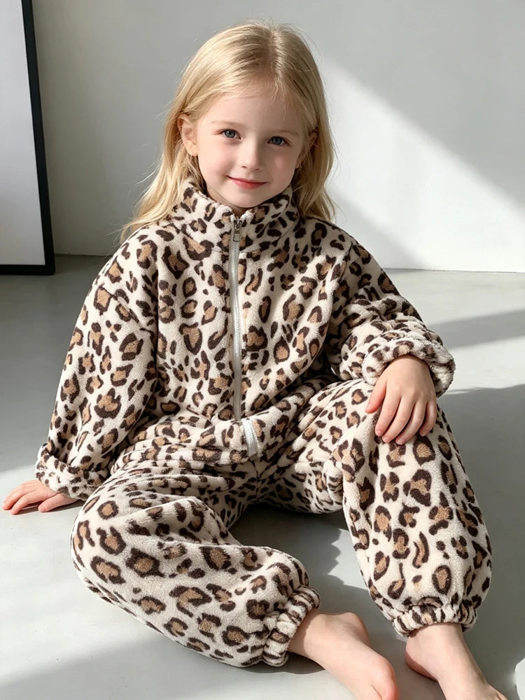 Kids Flannel Pajama Set 2-Piece, Thick Warm Winter Sleepwear for Boys and Girls, Floral and Leopard Print Zipper Top with Matching Pants