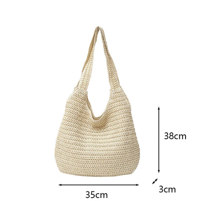 Sac à bandoulière en rotin tressé pour femmes – Grand sac cabas en paille tressée, sac de plage d'été pour femmes, sac de voyage décontracté pour les vacances, le shopping et un usage quotidien
