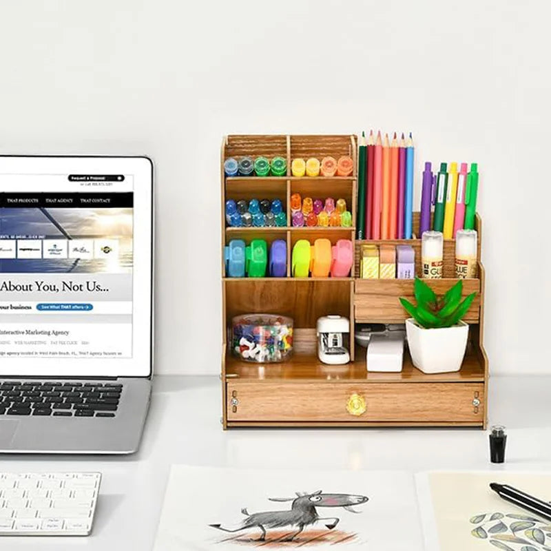 Organizador de escritorio de madera – Caja de almacenamiento de bricolaje para escritorio con cajón, portalápices de gran capacidad para organización de papelería de oficina, escuela y hogar