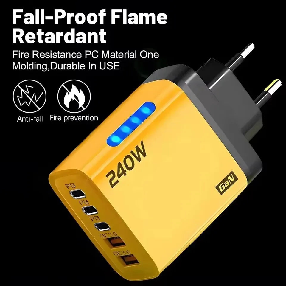 5-in-1 240W GaN Desktop Charger – 3PD + 2USB Fast Charging Adapter with 10A USB-C Cable for iPhone 17/16 Pro, Samsung & Laptops