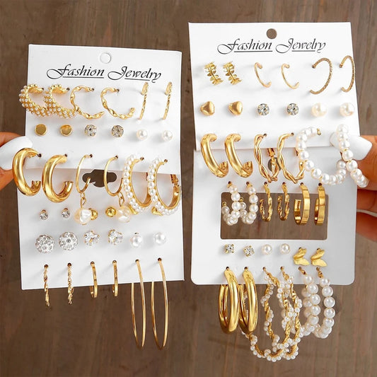 Women’s Gold Big Circle Hoop Earring Set Bohemian Vintage Pearl Heart Zircon Stud Jewelry Gift