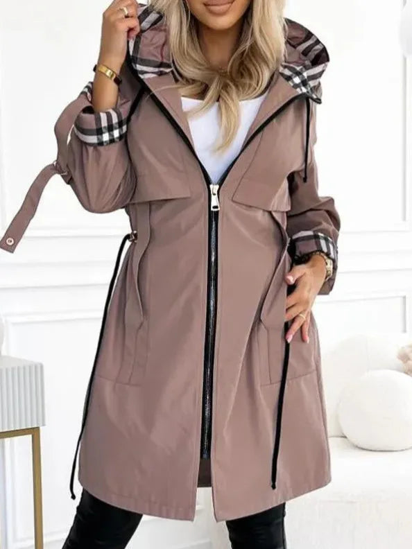Women’s Hooded Plaid Trench Coat – Long-Sleeve Casual Cardigan Jacket, Solid Color Streetwear Outerwear for Autumn & Winter