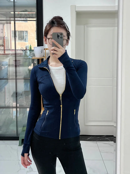 Women’s Gold Zipper Yoga Jacket – Stand Collar Slim Fit Quick-Dry Breathable Sports & Running Activewear