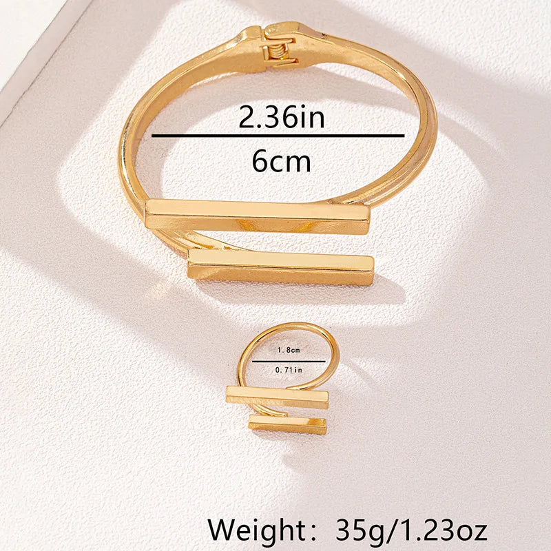 2Pcs Women’s Fashion Geometric Open Bracelet Ring Set Simple Design Trend Holiday Party Gift