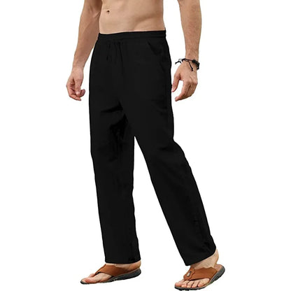Men's Cotton Linen Drawstring Pants – Breathable Loose Fit Casual Jogger Trousers for Yoga, Beach & Everyday Wear