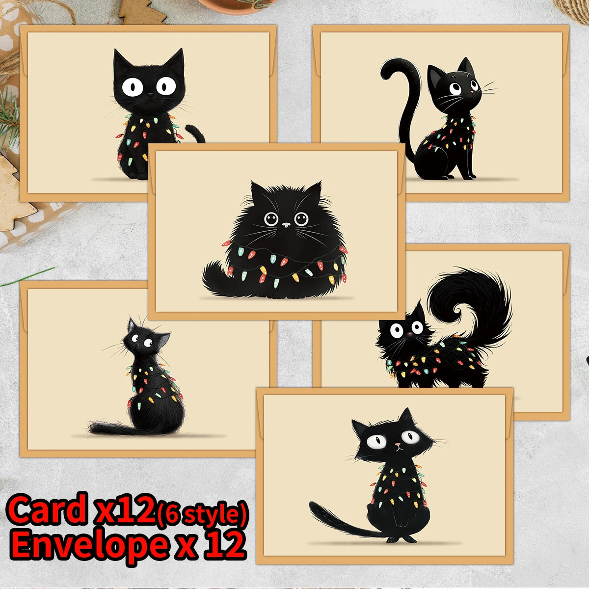 12PCS Christmas Black Cat Greeting Cards with Envelopes – Festive Holiday Stationery for Warm Wishes, Card Exchange & Party Decor