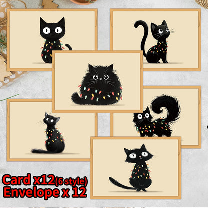 12PCS Christmas Black Cat Greeting Cards with Envelopes – Festive Holiday Stationery for Warm Wishes, Card Exchange & Party Decor