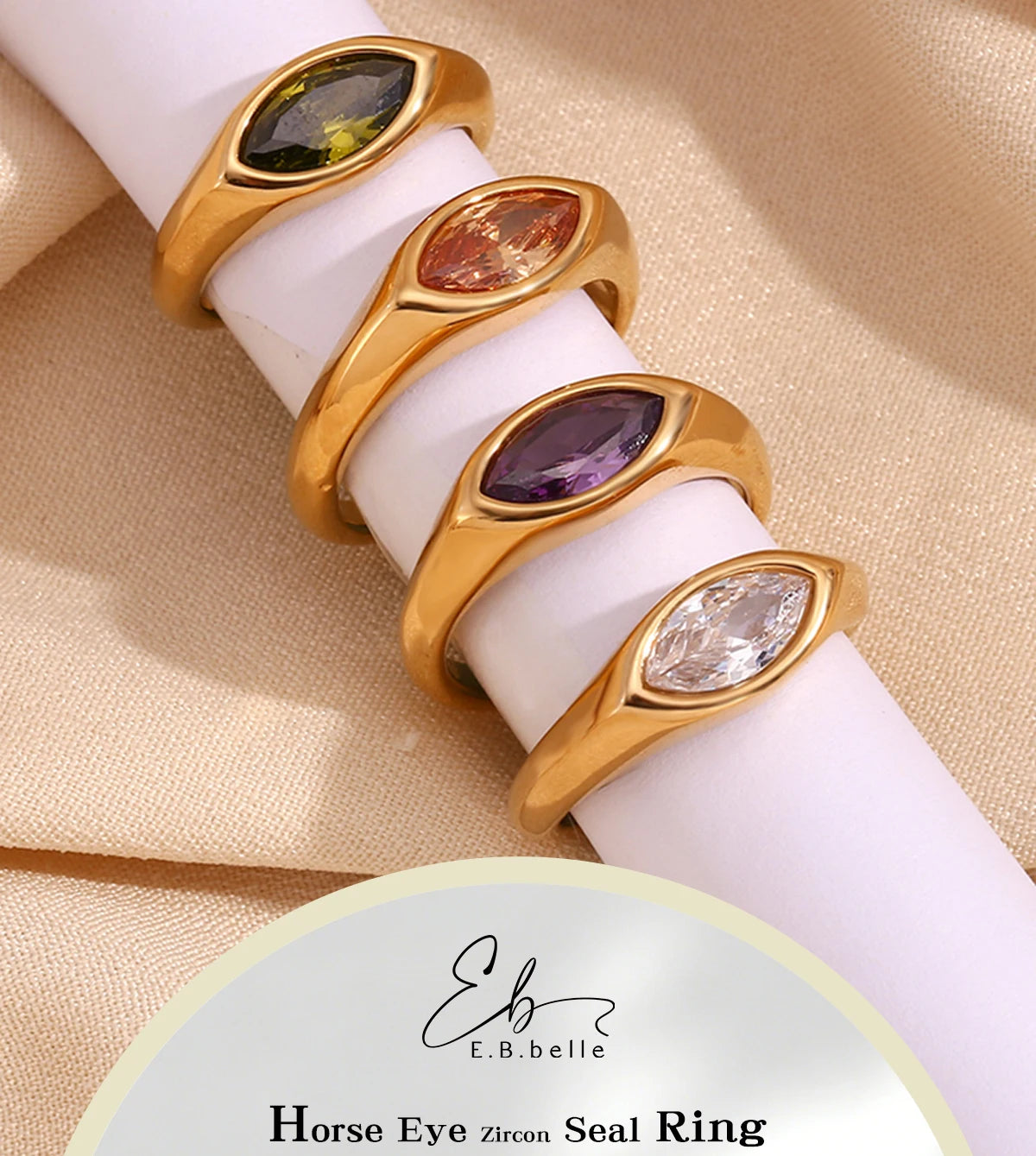 18K Gold Plated Horse Eye Zircon Signet Ring – Hypoallergenic 316L Stainless Steel Colorful Statement Ring for Women