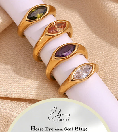18K Gold Plated Horse Eye Zircon Signet Ring – Hypoallergenic 316L Stainless Steel Colorful Statement Ring for Women