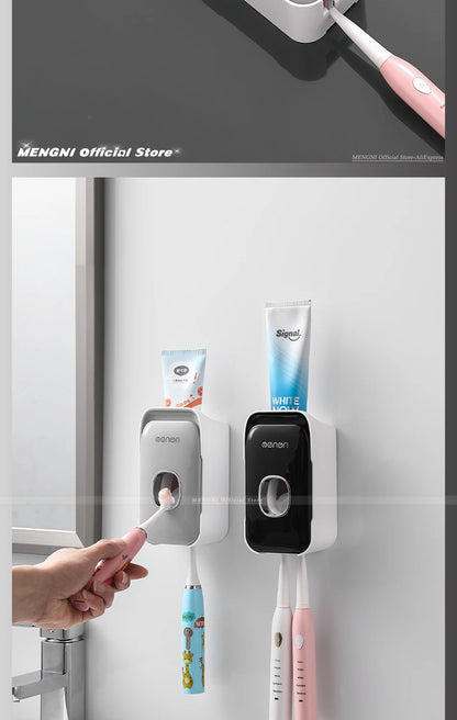 Dispensador de pasta de dientes MENGNI – Exprimidor de pasta dental montado en la pared para baño, soporte para cepillo de dientes sin taladros, organizador manual de bomba de pasta de dientes para almacenamiento y uso diario en el baño