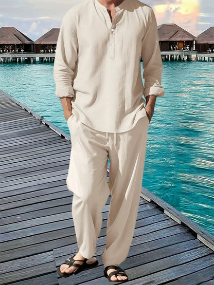 Conjunto de camisa y pantalón de lino de 2 piezas para hombre – Atuendo transpirable de verano para vacaciones en la playa, top informal de manga larga con pantalones sueltos