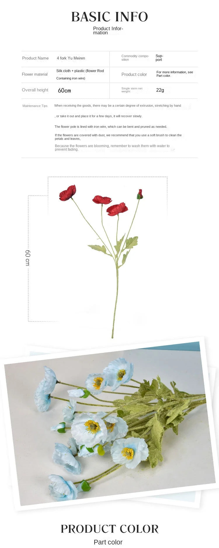 4 cabezas de amapolas artificiales – Ramo floral sintético de seda para arreglos de boda nupciales, decoración de fiestas, decoración de jardines y exhibiciones al aire libre