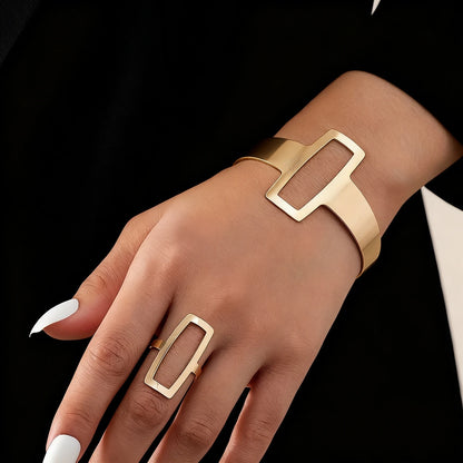 2Pcs Women’s Fashion Geometric Open Bracelet Ring Set Simple Design Trend Holiday Party Gift
