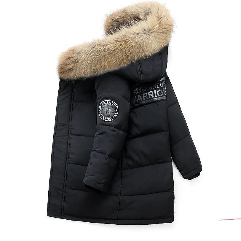 Kids’ Thick Velvet-Lined Winter Parka – Warm Cotton-Padded Coat with Fur Collar & Hood for Boys and Girls