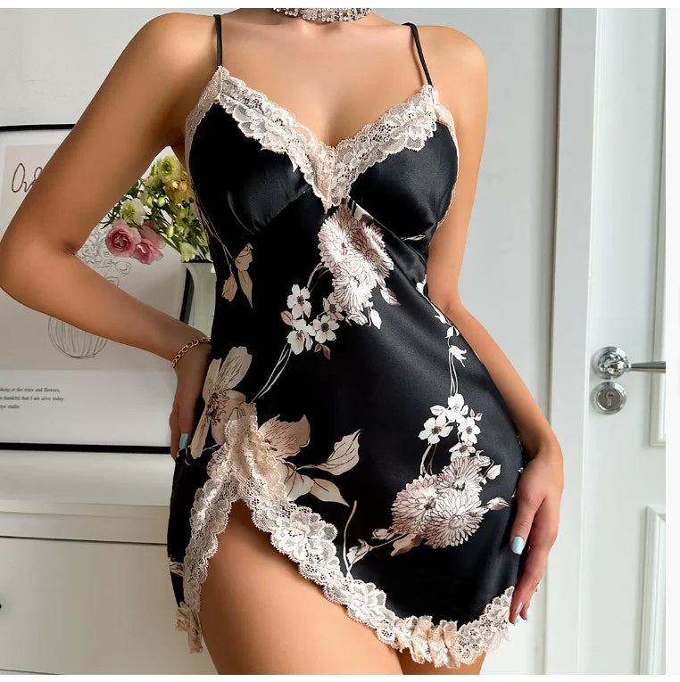 Chemise de nuit léopard pour femme – Robe de nuit sans dossier, décolleté en V avec bordure en dentelle et fente latérale, vêtements de nuit doux