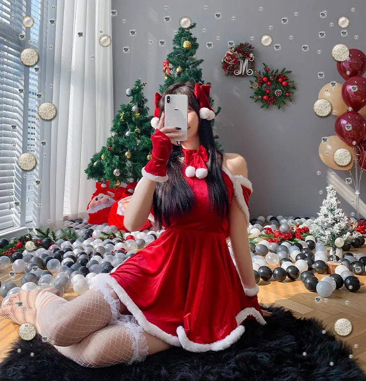 Women's Sexy Christmas Lolita Santa Costume, Red and White Short Skirt Dress, Elegant Santa Claus Cosplay Outfit for Christmas Parties, Holiday Events and Roleplay Garment
