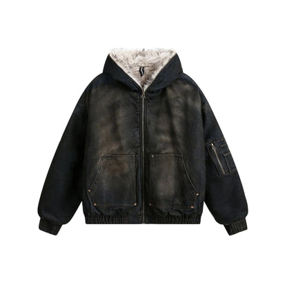 Men’s Washed Cotton Winter Jacket – Thick Warm Hooded Coat, Vintage American Streetwear Parka for Casual Wear