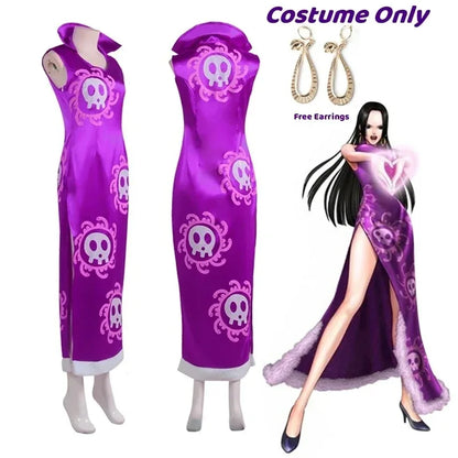 One Piece Boa Hancock Cosplay Costume – Purple Kimono Cheongsam Dress & Cloak