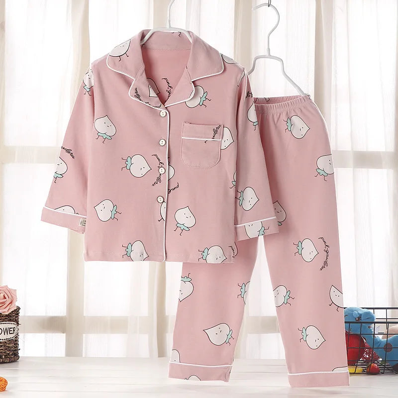 Kids' Cotton Pajama Set – Soft Cartoon Print Long-Sleeve Lapel Sleepwear for Boys & Girls, Comfortable Loose Spring Nightwear