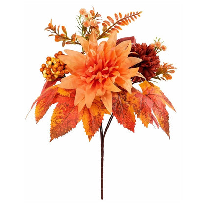 Artificial Fall Flower Bouquet with Maple Leaves & Pumpkin Accents – Faux Floral Stems for Thanksgiving, Halloween, Autumn Table Centerpieces & Home Decor