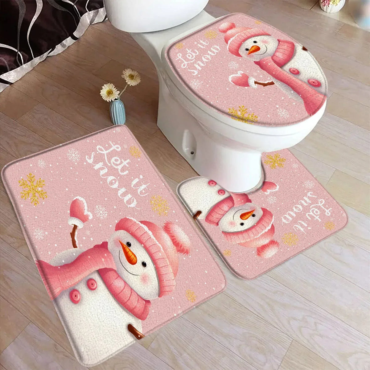 Funny Christmas Bath Mat Set – Cute Snowman, Santa Claus, Red Ball & Xmas Tree Bathroom Rugs with Toilet Lid Cover