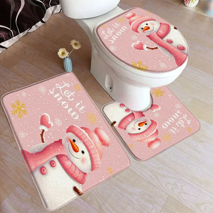 Funny Christmas Bath Mat Set – Cute Snowman, Santa Claus, Red Ball & Xmas Tree Bathroom Rugs with Toilet Lid Cover