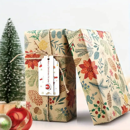 1 Roll 10M Christmas Kraft Gift Wrapping Paper – Large Size Plant Leaf & Flower Design for DIY Gift Packaging, Holiday Decor & Crafts