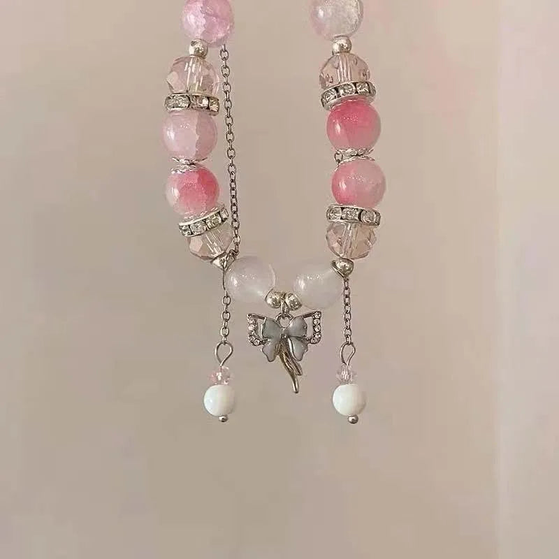 Brazalete coreano de mariposa con flor de cristal rosa – Pulsera dulce de cadena con cuentas y dije colgante para mujer, regalo de joyería de moda
