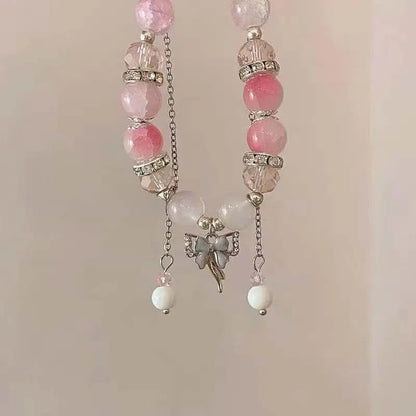 Brazalete coreano de mariposa con flor de cristal rosa – Pulsera dulce de cadena con cuentas y dije colgante para mujer, regalo de joyería de moda