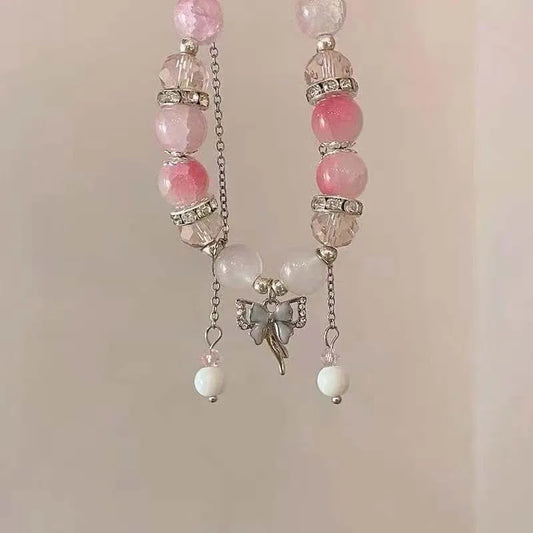 Korean Pink Crystal Flower Butterfly Bracelet – Sweet Beaded Chain Bracelet with Charm Pendant for Women, Fashion Jewelry Gift