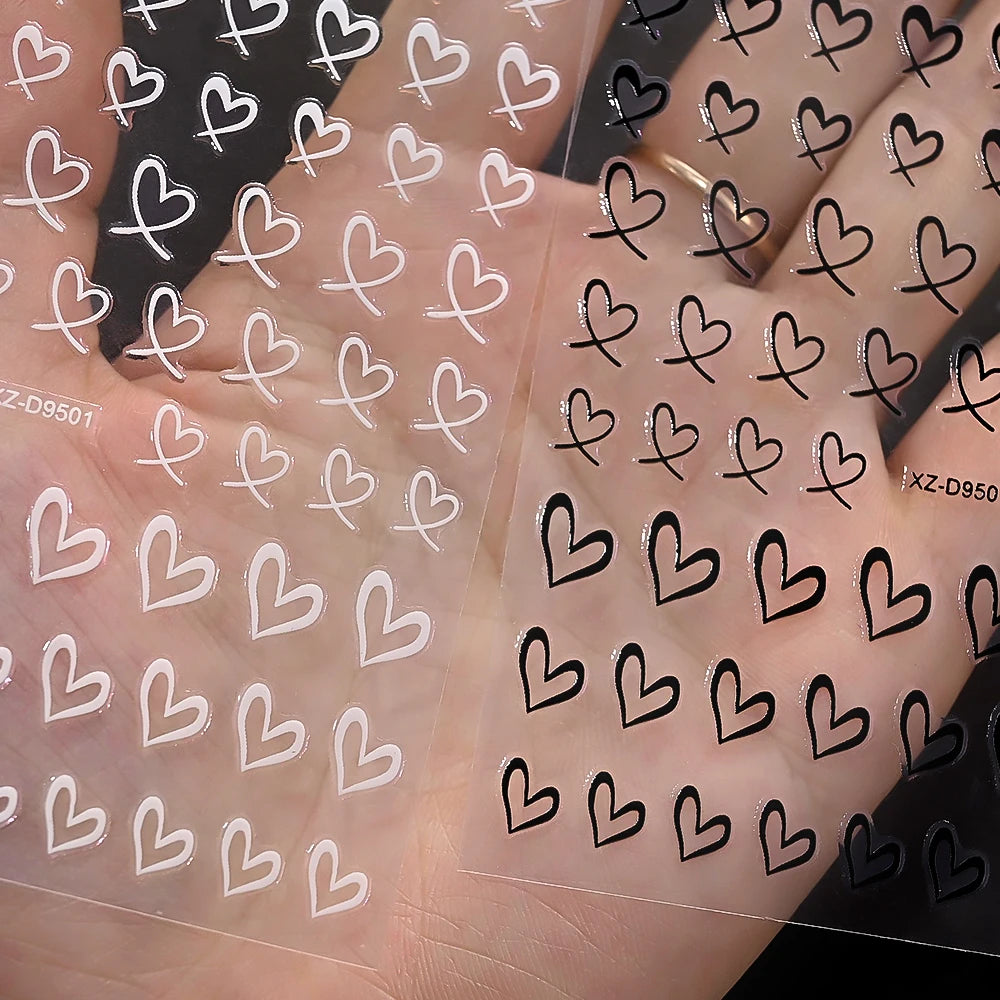 8-Sheet 3D Heart Nail Stickers – Cute Pink Black White Gold Self-Adhesive Nail Art Decals (8×10cm)