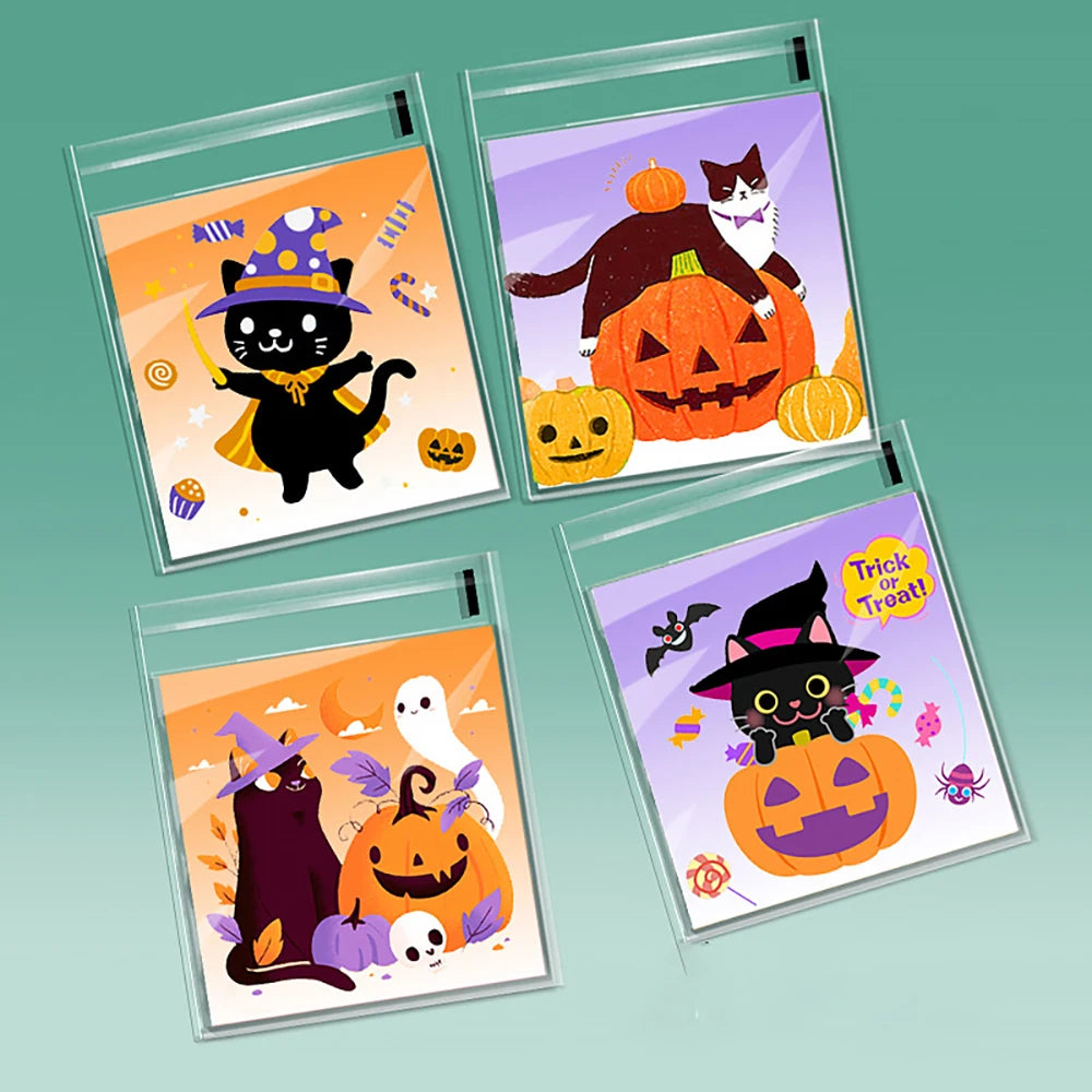 100PCS Halloween Self-Adhesive Treat Bags – Clear Candy & Cookie Packaging Bags for Kids’ Birthday Parties, Party Favors & Gifts